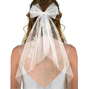🆕Women White Tulle Pearl 2 Tier Bow Veil Engagement Hair Accessory